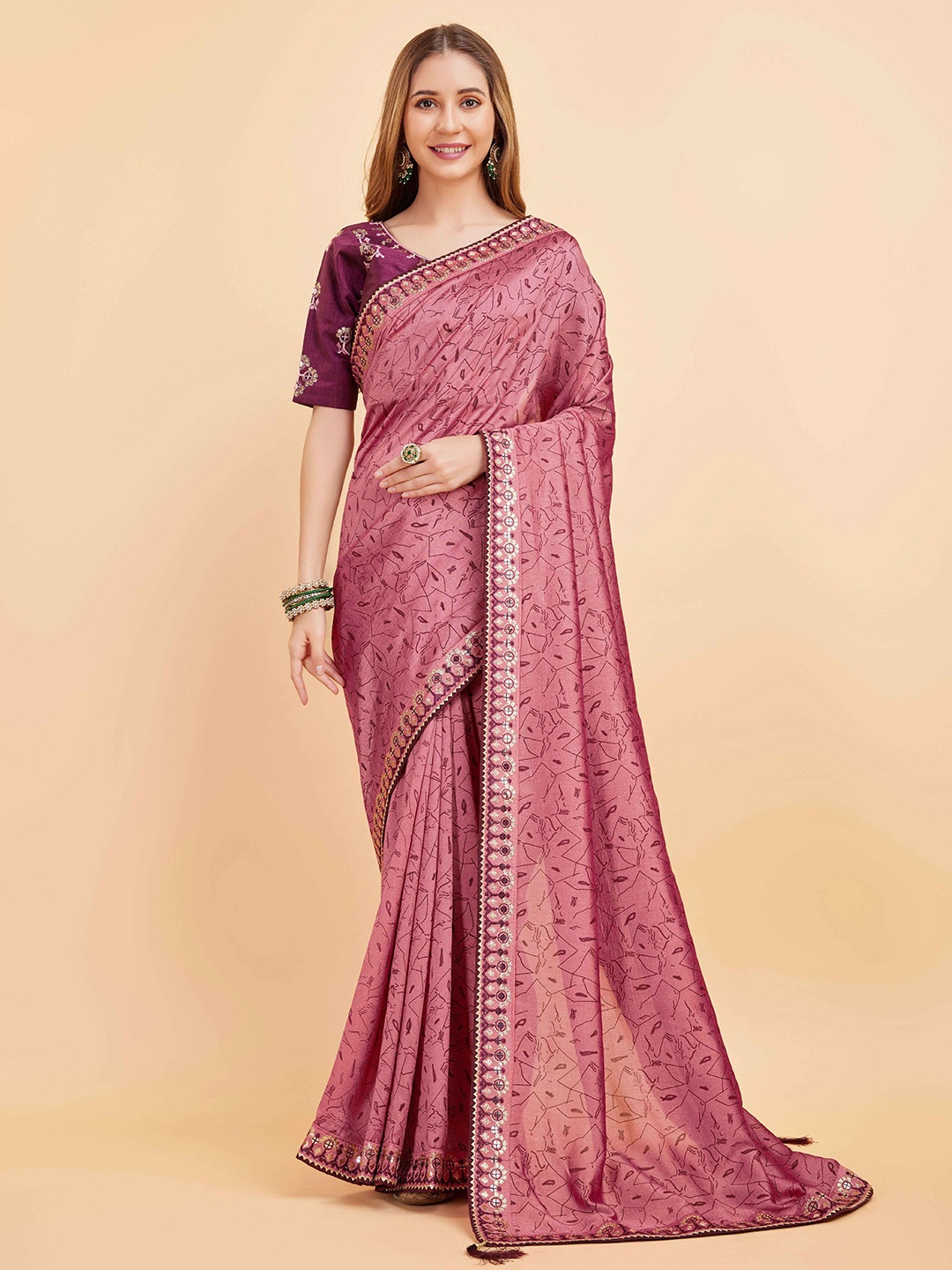 

choiceit Abstract Printed Sequinned Art Silk Mysore Silk Saree, Purple