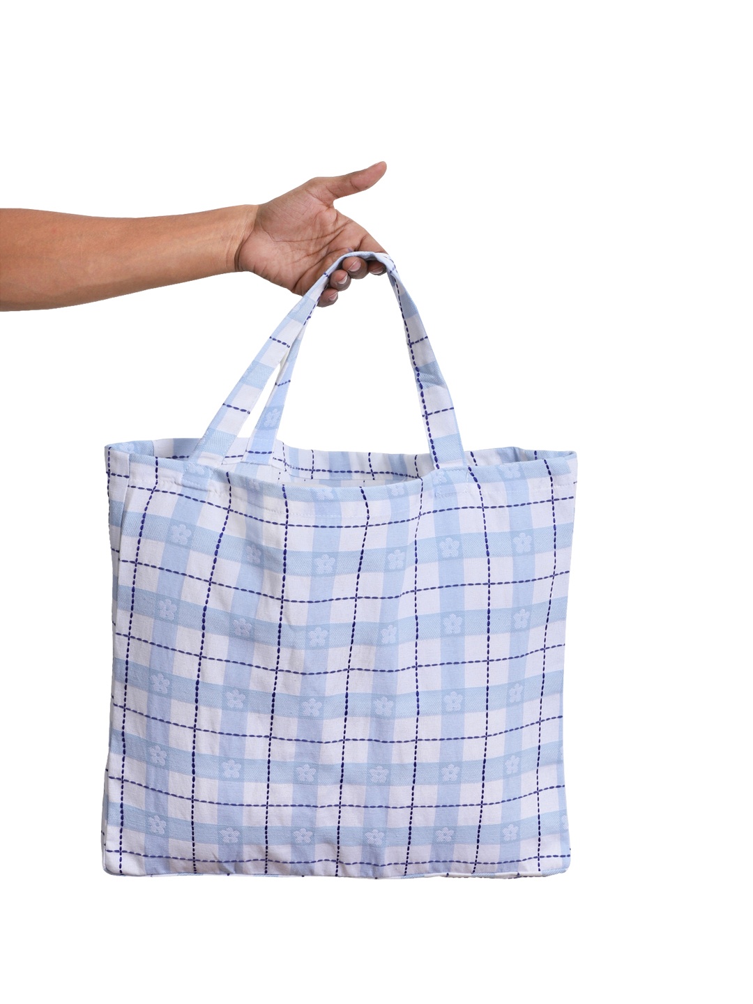 Jamio Firati Checked Pure Cotton Shopper Tote Bag, Blue