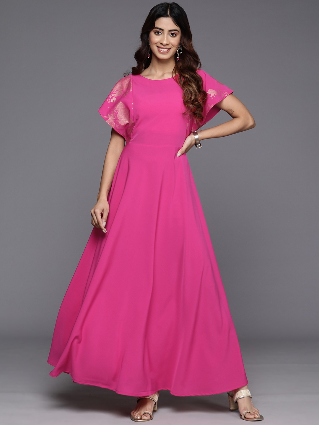

Ahalyaa Flutter Sleeves Crepe Ethnic Gown, Pink