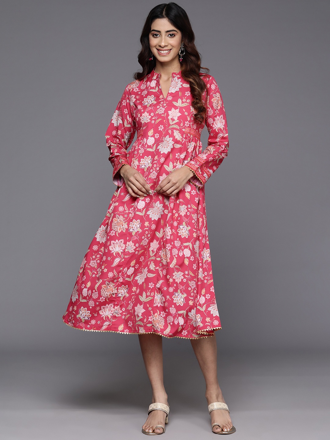 

Ahalyaa Floral Print Mandarin Collar Crepe Ethnic Dress, Pink