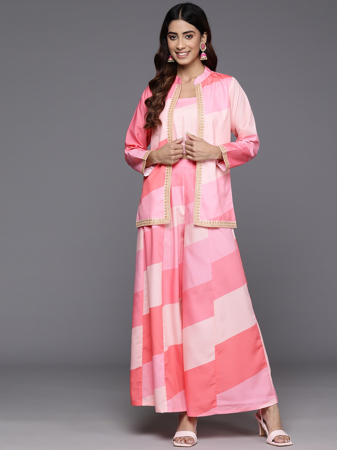 

Ahalyaa Geometric Print Top with Palazzos & Shrug, Pink