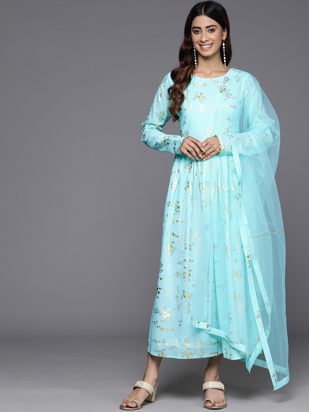 

Ahalyaa Floral Printed Pure Cotton A-Line Midi Ethnic Dress with Dupatta, Blue
