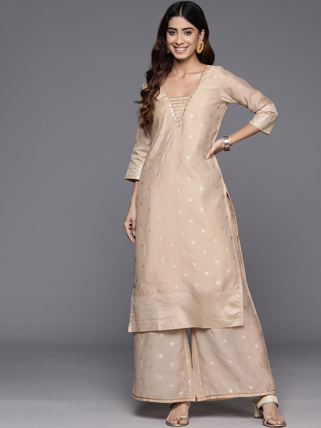 

Ahalyaa Ethnic Motifs Printed Regular Gotta Patti Kurta with Palazzos, Tan