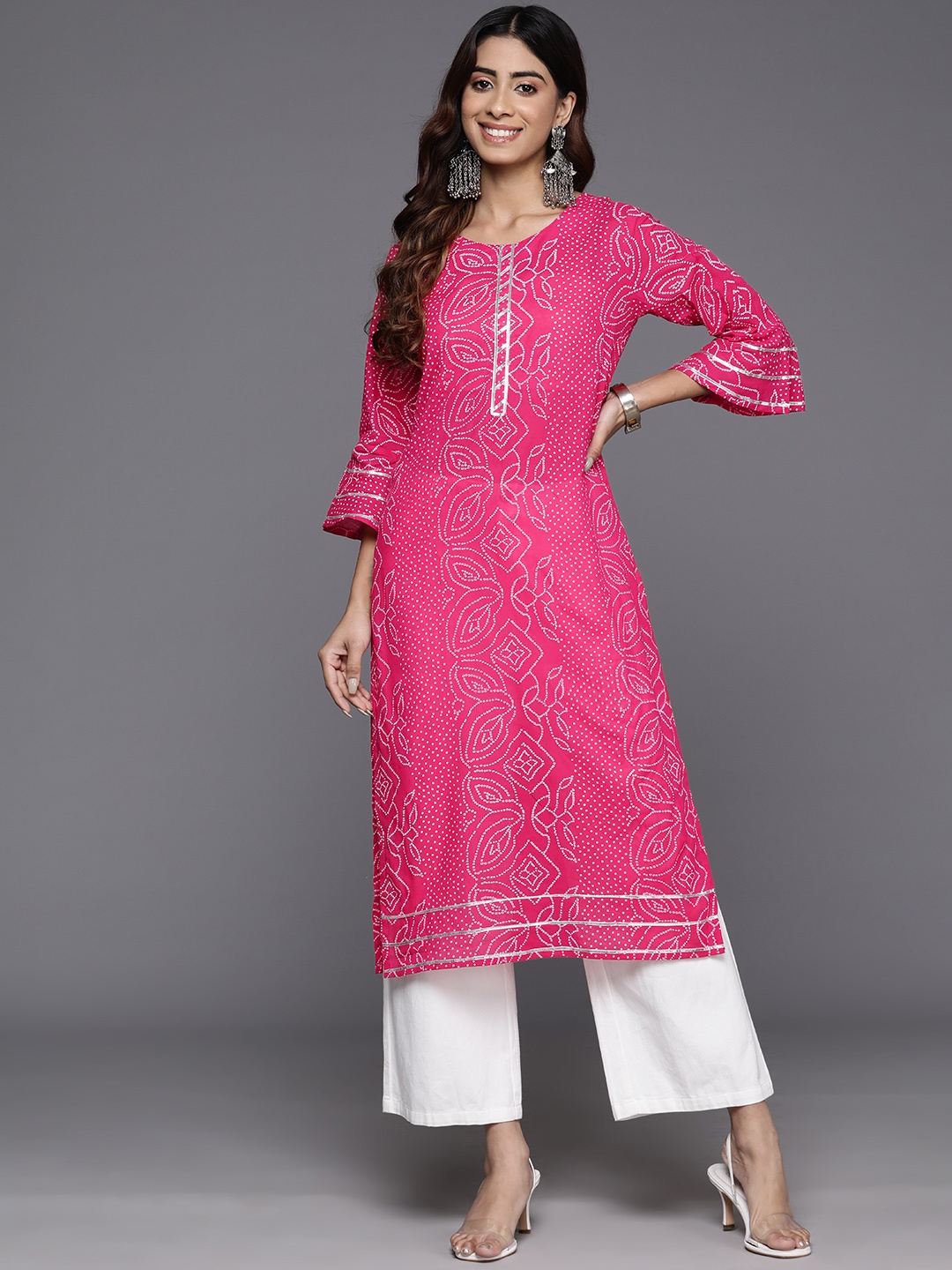 

Ahalyaa Bandhani Printed Bell Sleeves Gotta Patti Pure Cotton Kurta, Pink