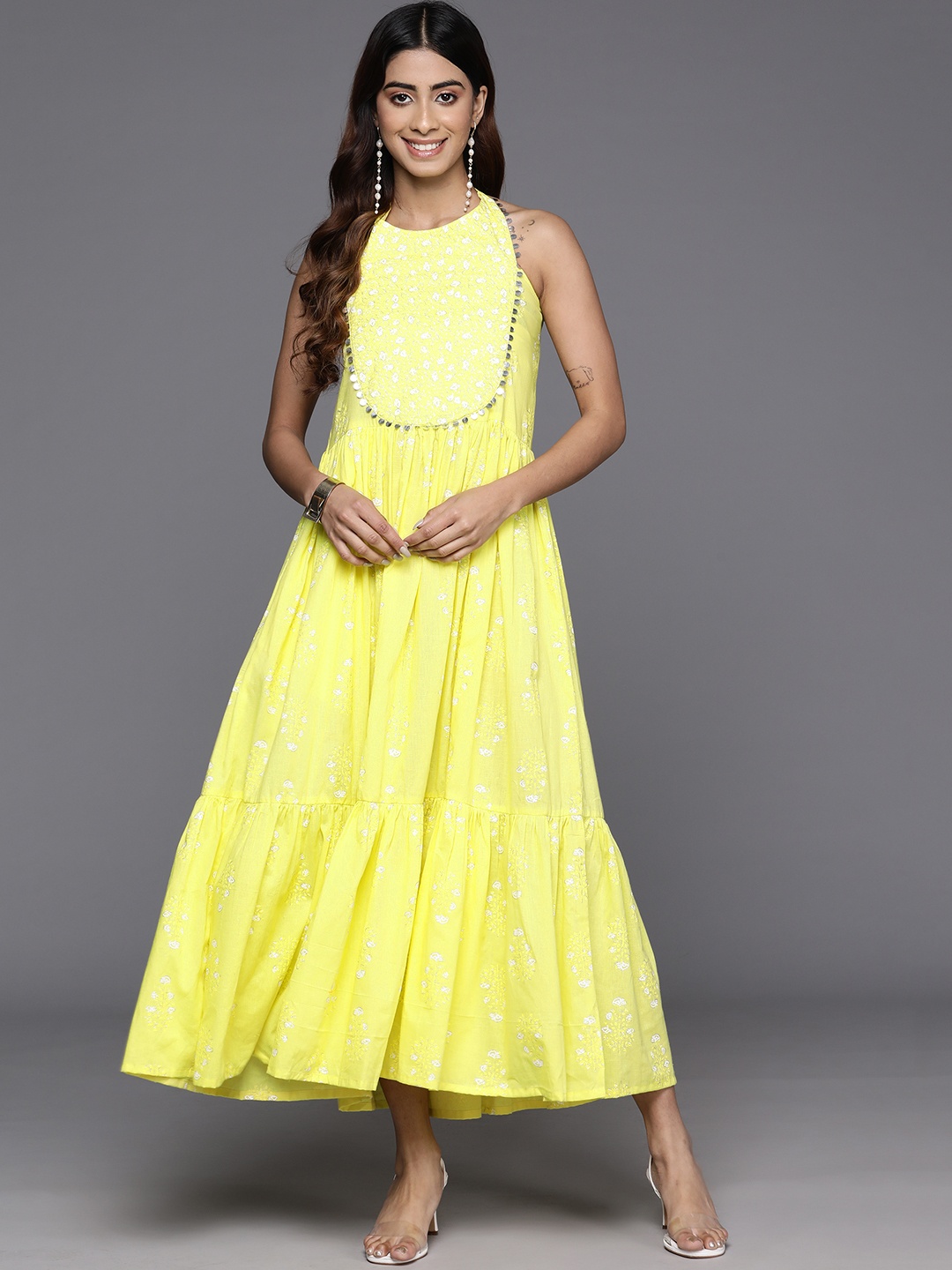 

Ahalyaa Floral Print Embellished Halter Neck Pure Cotton Tiered A-Line Dress, Yellow