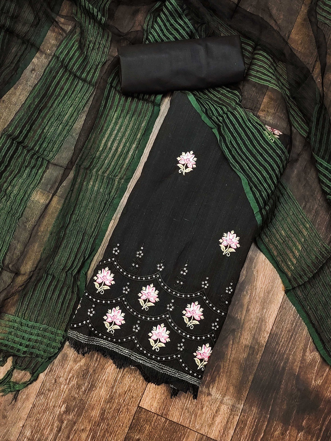 

MANVAA Floral Embroidered Unstitched Dress Material, Black