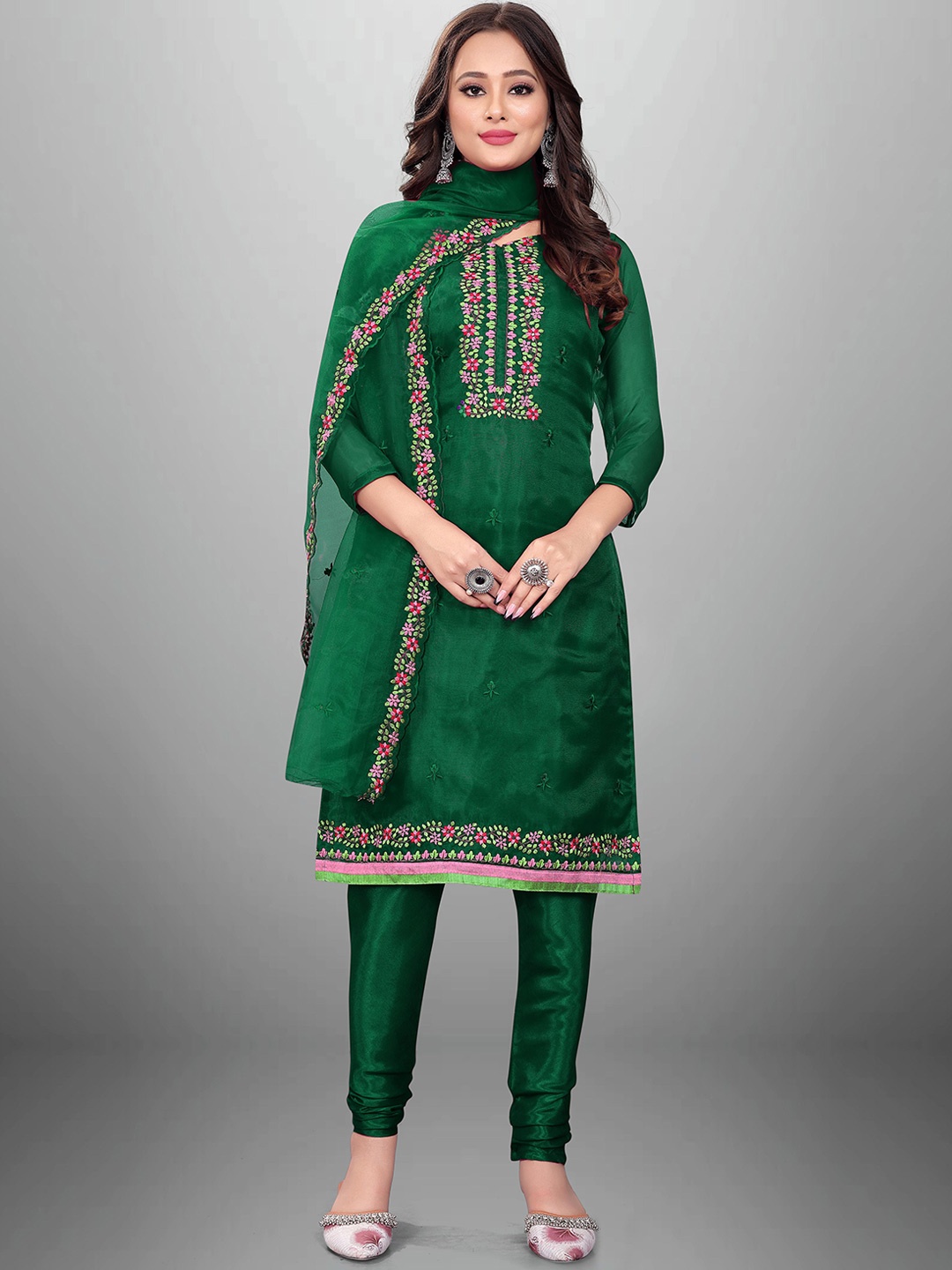 

MANVAA Embroidered Organza Unstitched Dress Material, Green