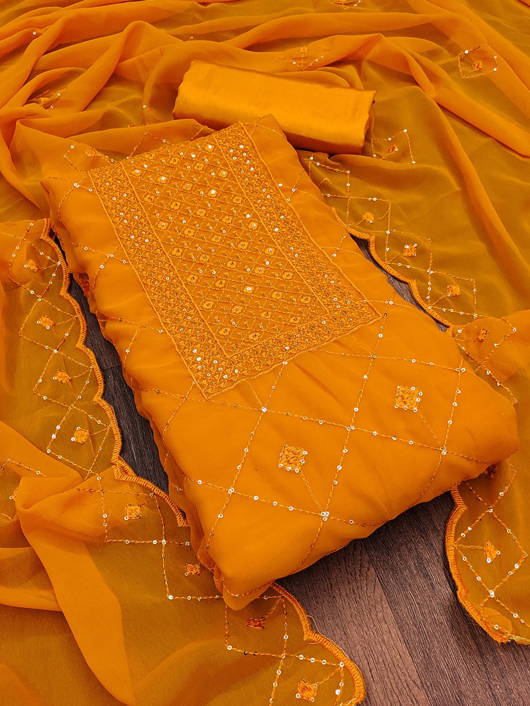 

MANVAA Embroidered Unstitched Dress Material, Mustard