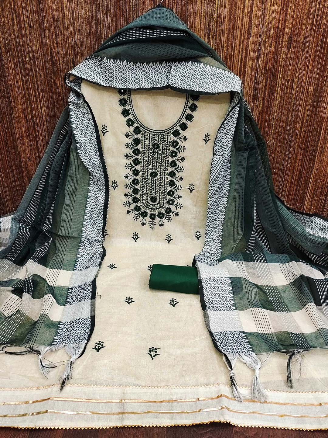 

MANVAA Ethnic Motifs Embroidered Mirror Work Unstitched Dress Material, Beige