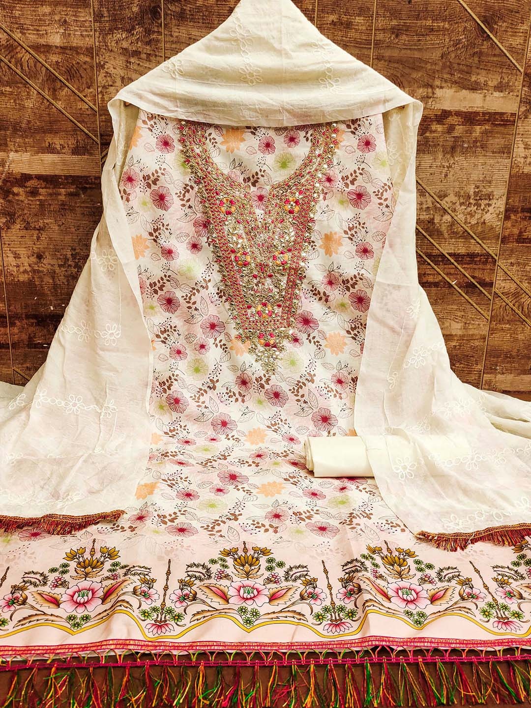 

MANVAA Embroidered Unstitched Dress Material, Beige