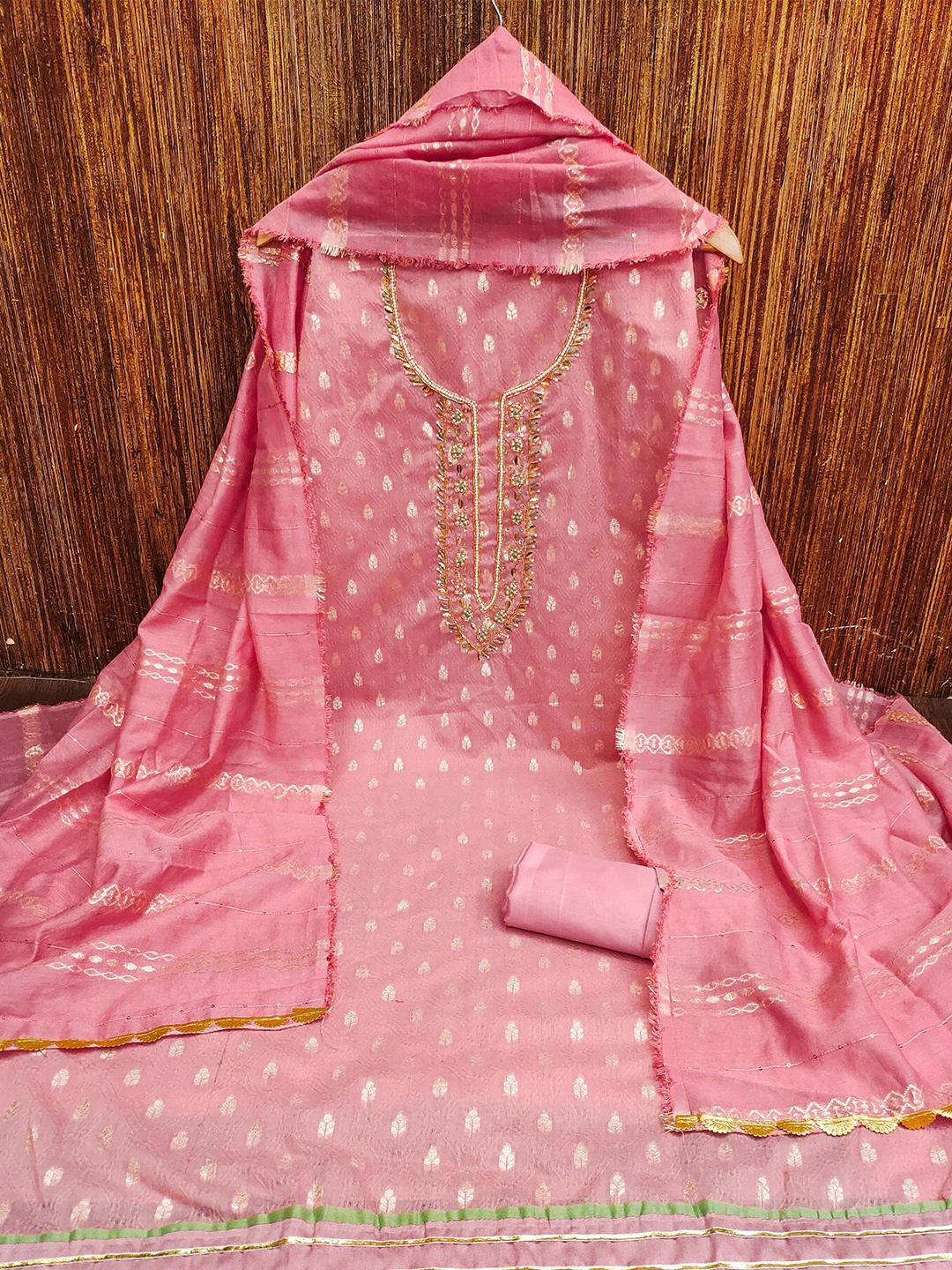 

MANVAA Embellished Banarasi Jacquard Unstitched Dress Material, Pink