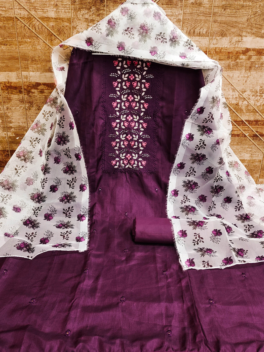 

MANVAA Floral Embroidered Unstitched Dress Material, Purple