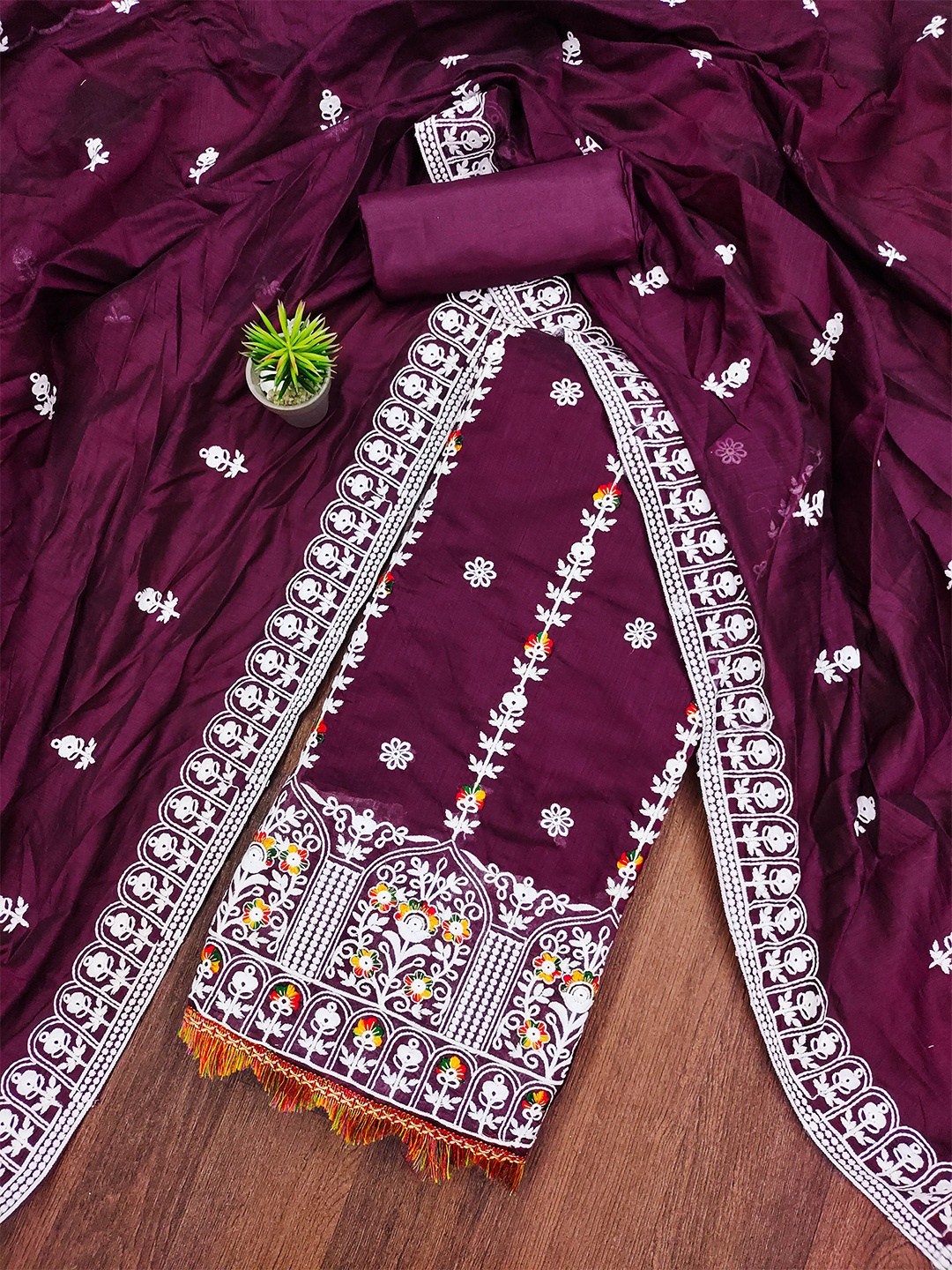 

MANVAA Floral Embroidered Unstitched Dress Material, Purple