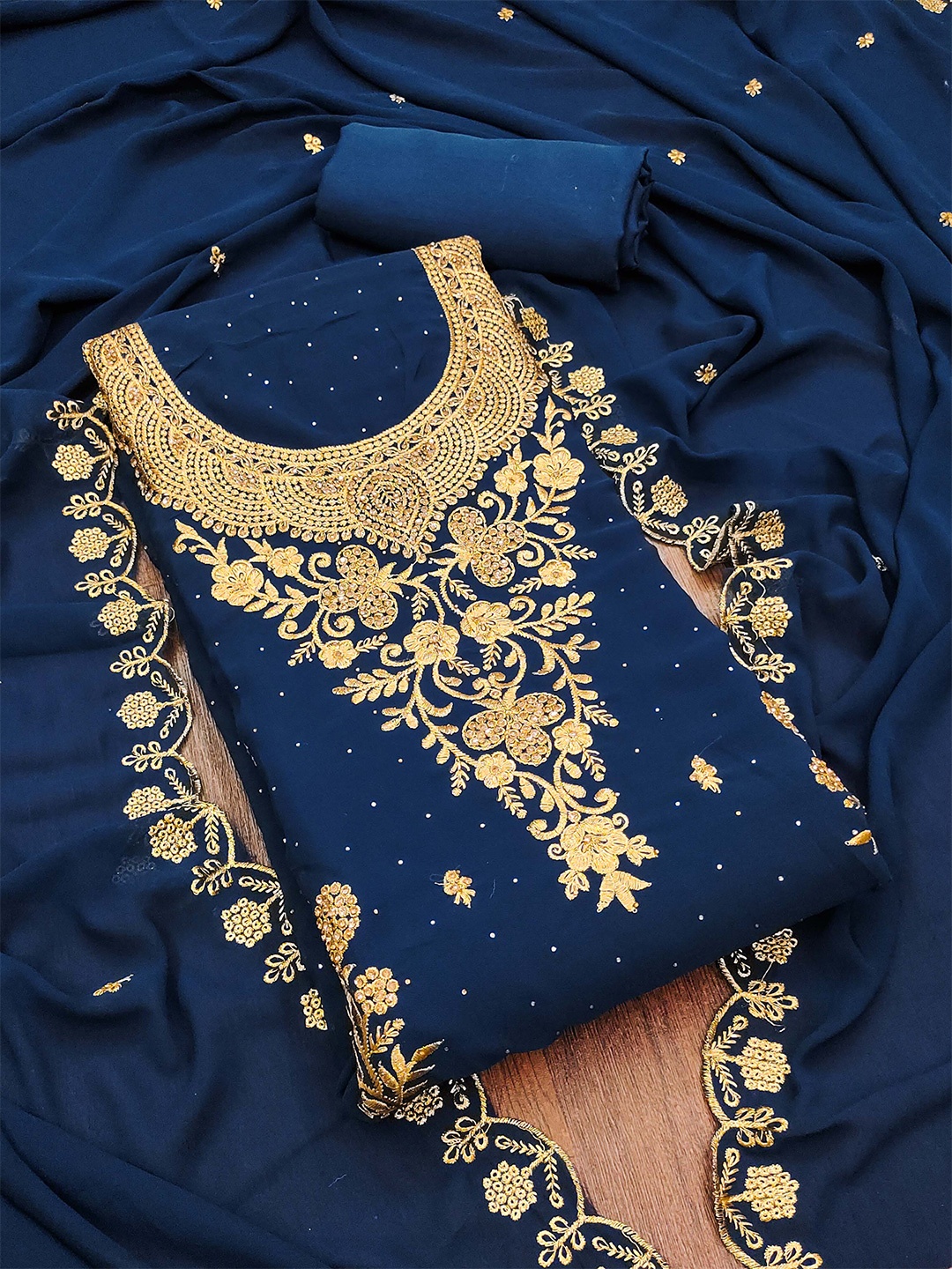 

MANVAA Ethnic Motifs Embroidered Zari Unstitched Dress Material, Blue