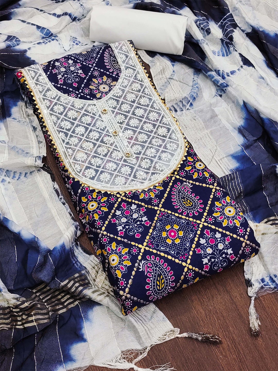 

MANVAA Ethnic Motifs Embroidered Zari Unstitched Dress Material, Blue