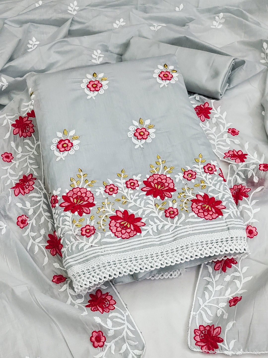 

MANVAA Floral Embroidered Zari Unstitched Dress Material, Grey