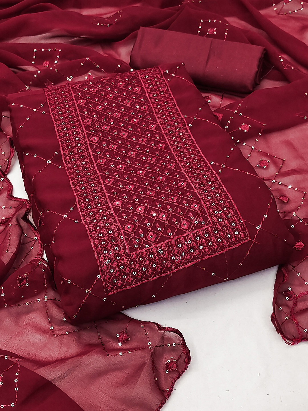 

MANVAA Floral Embroidered Sequinned Unstitched Dress Material, Maroon