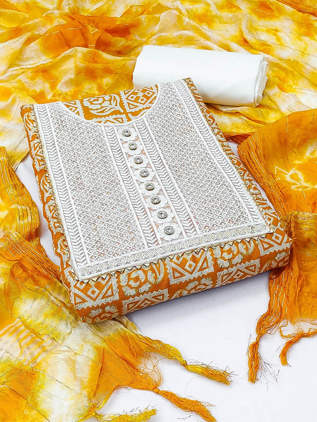 

MANVAA Geometric Embroidered Unstitched Dress Material, Orange