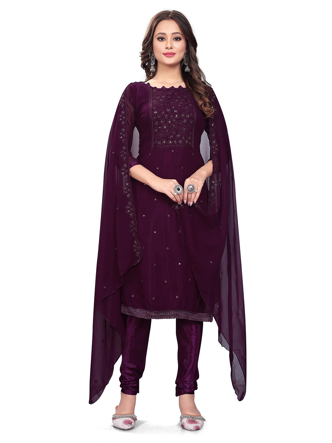 

MANVAA Floral Embroidered Sequinned Unstitched Dress Material, Purple