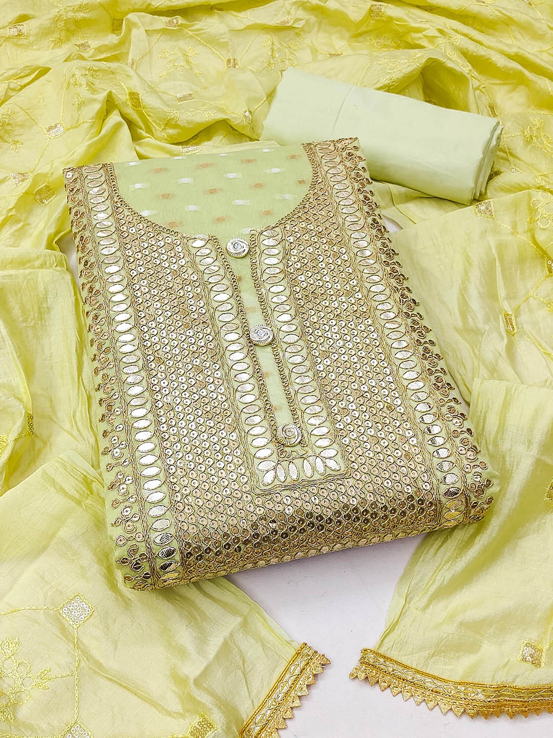 

MANVAA Ethnic Motifs Embroidered Sequinned Unstitched Dress Material, Yellow