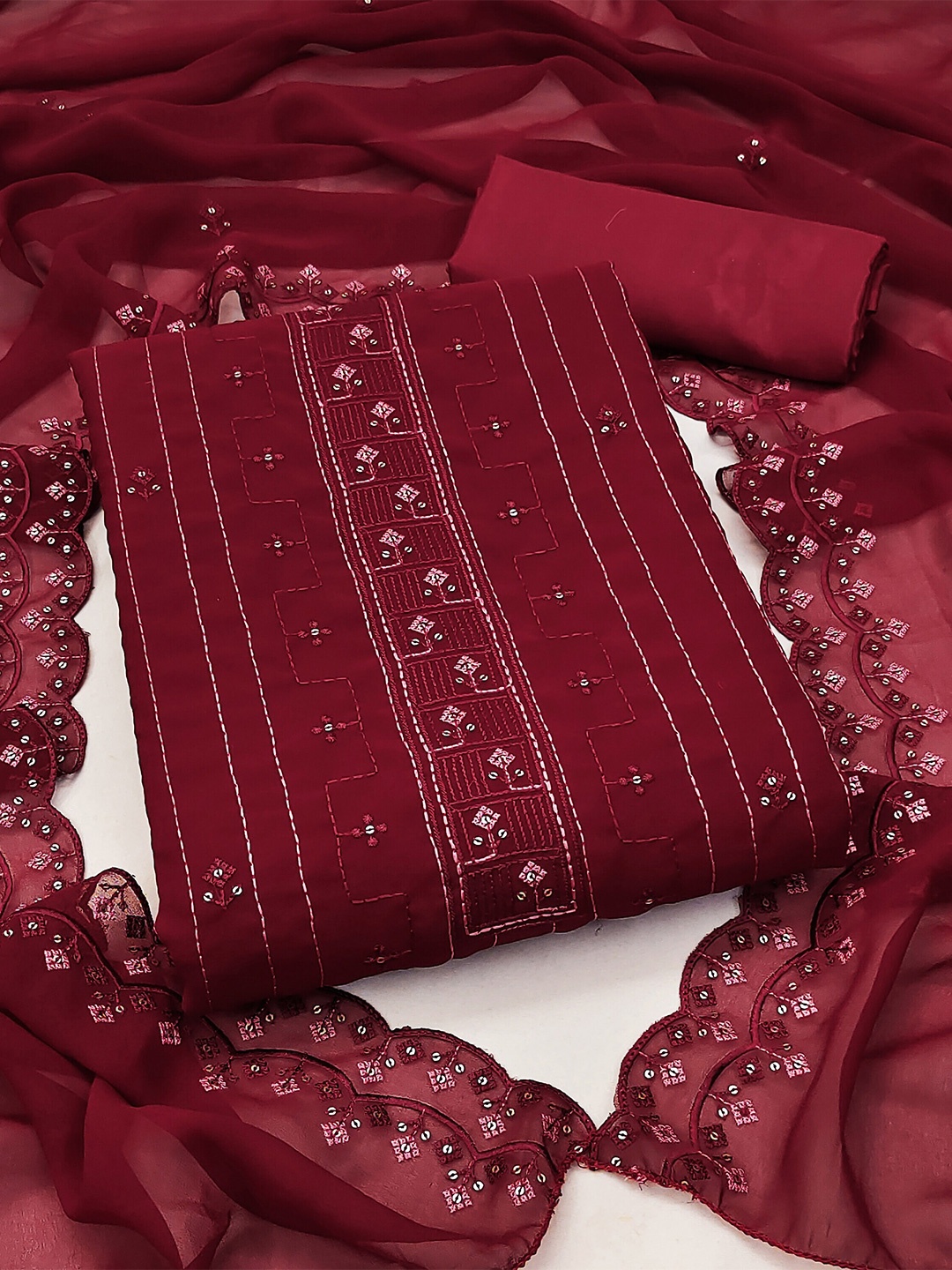 

MANVAA Floral Embellished Sequinned Unstitched Dress Material, Maroon