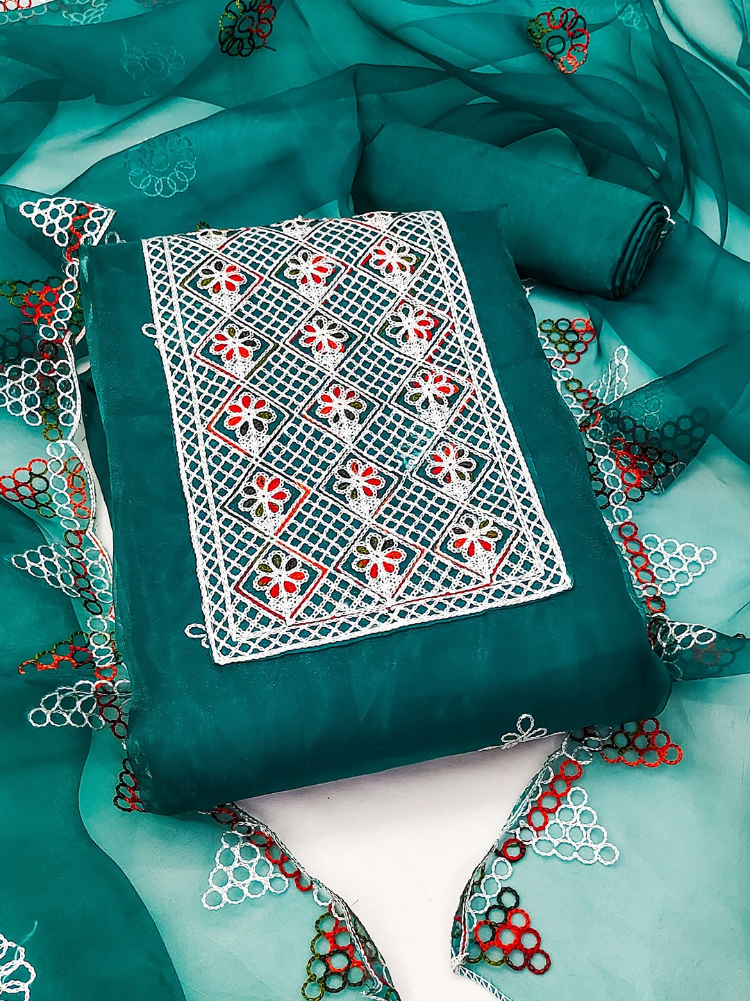 

MANVAA Floral Zari Embroidered Zari Organza Unstitched Dress Material, Sea green