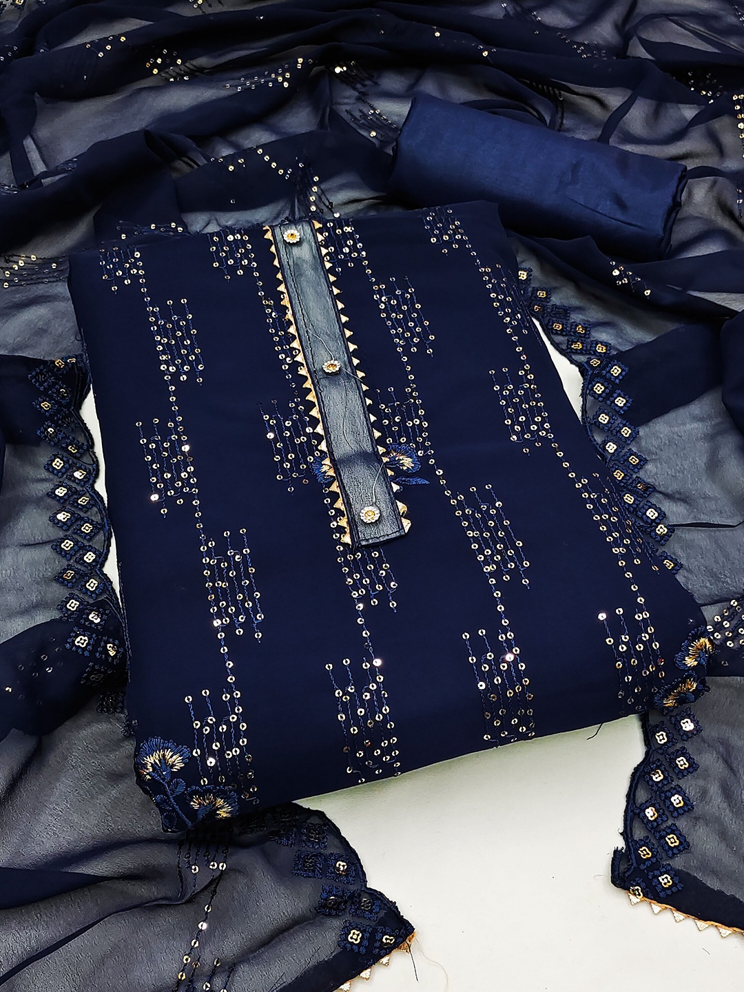 

MANVAA Floral Embroidered Sequinned Unstitched Dress Material, Blue