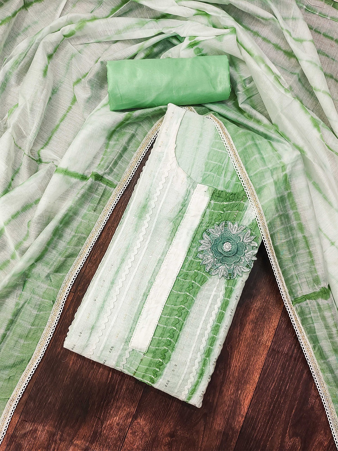 

MANVAA Embellished Unstitched Dress Material, Green