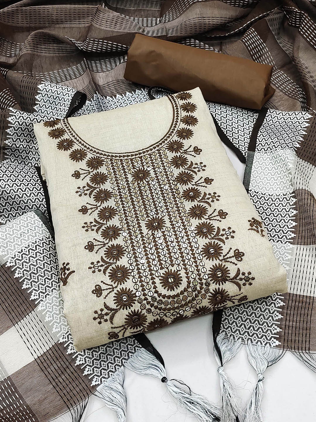 

MANVAA Embellished Mirror Work Unstitched Dress Material, Beige