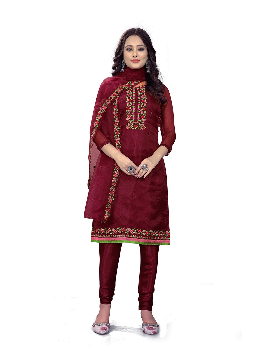 

MANVAA Embroidered Organza Unstitched Dress Material, Maroon