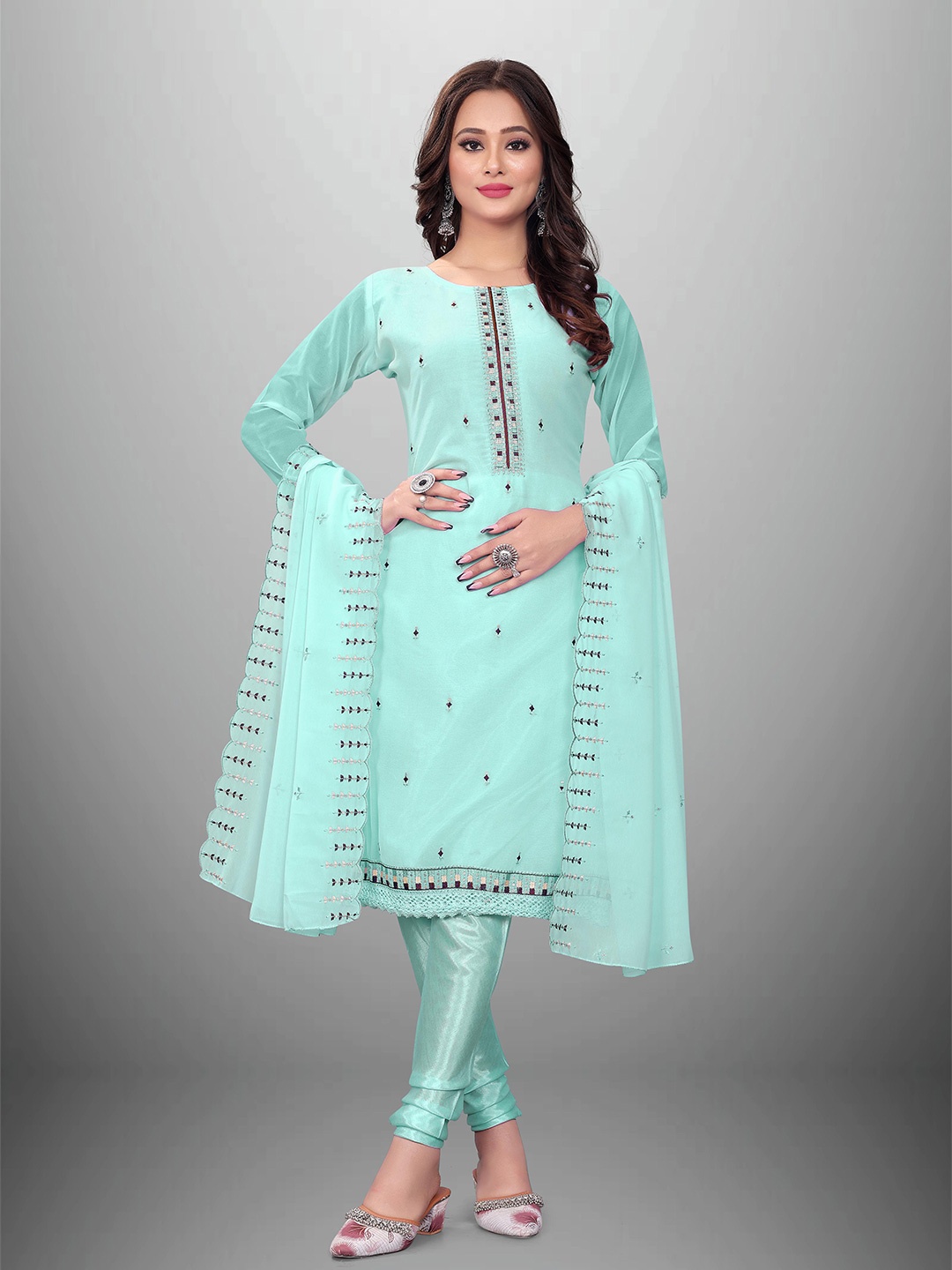 

MANVAA Ethnic Motifs Embroidered Sequence Work Unstitched Dress Material, Sea green