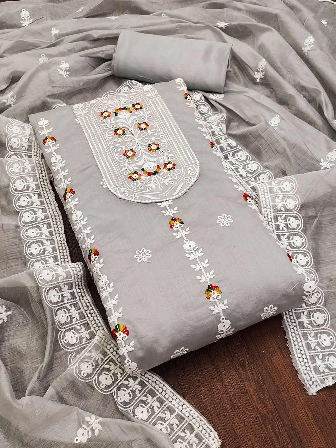 

MANVAA Floral Embroidered Unstitched Dress Material, Grey
