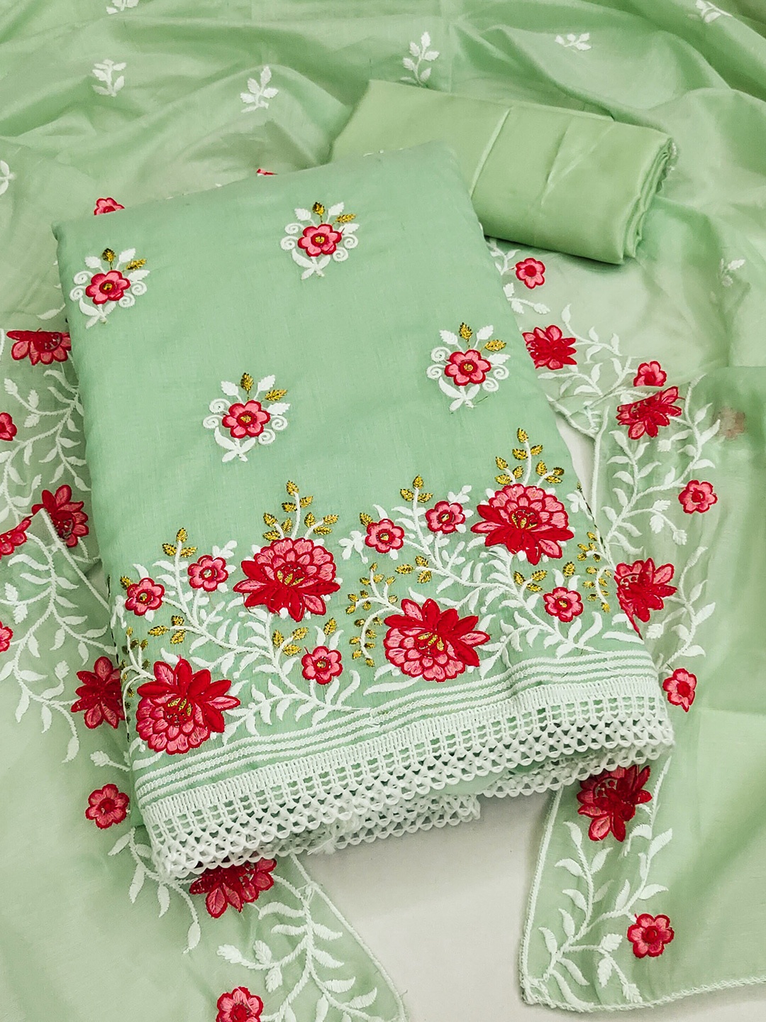 

MANVAA Floral Embroidered Unstitched Dress Material, Green