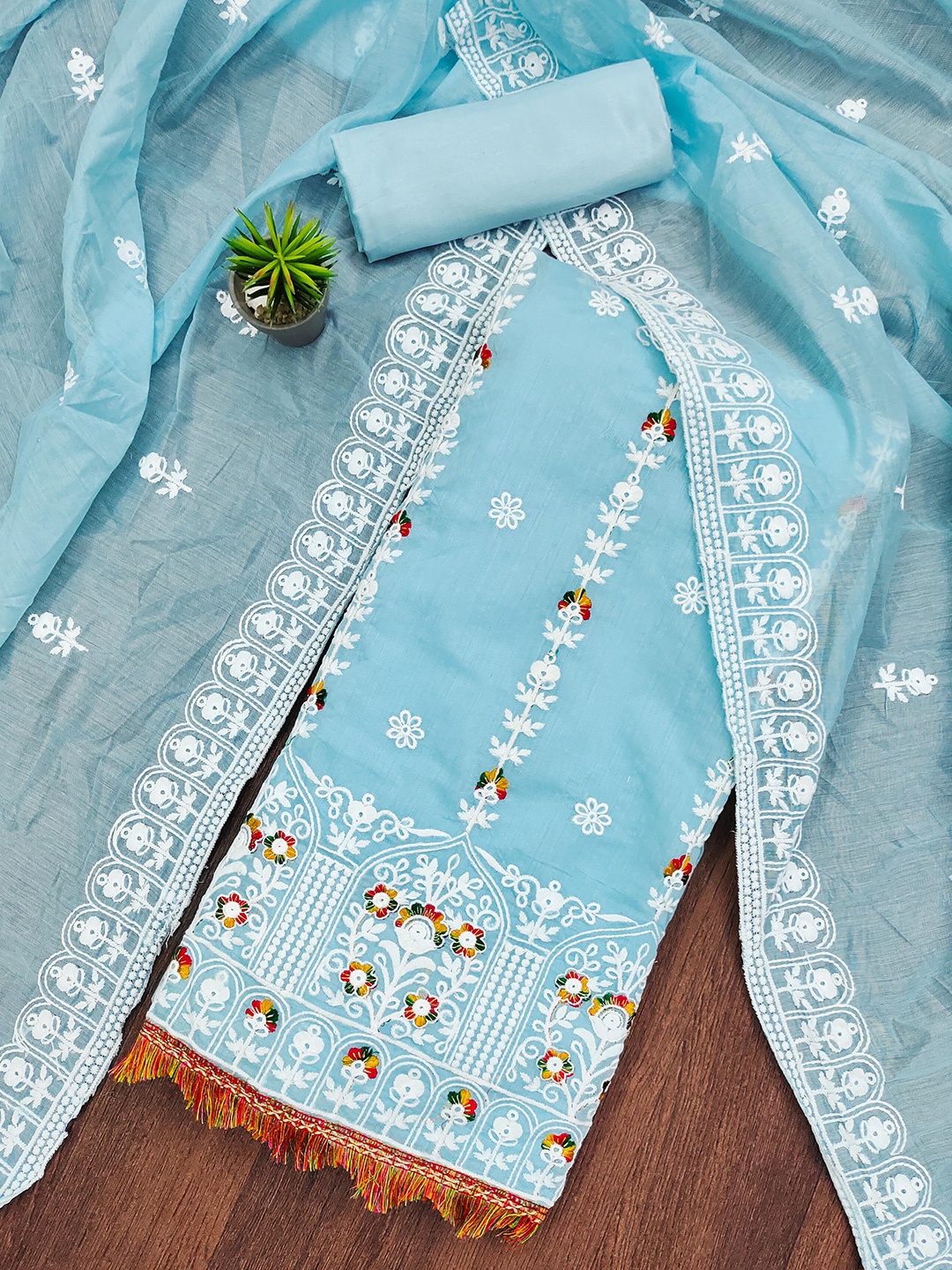 

MANVAA Floral Embroidered Zari Unstitched Dress Material, Blue