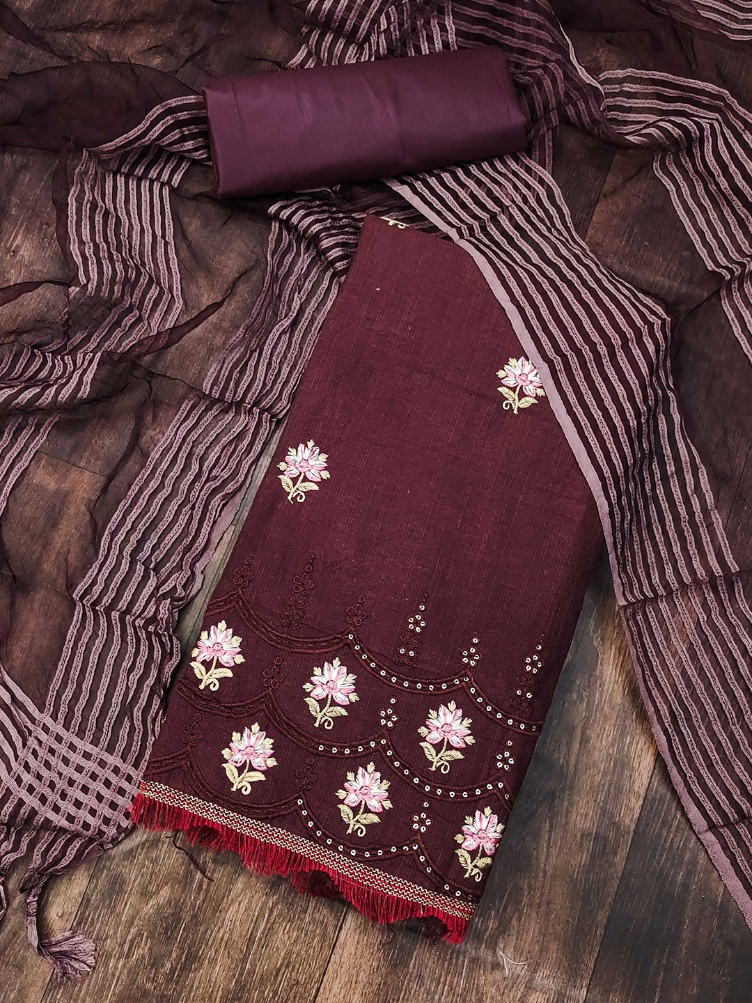 

MANVAA Floral Embroidered Zari Unstitched Dress Material, Magenta