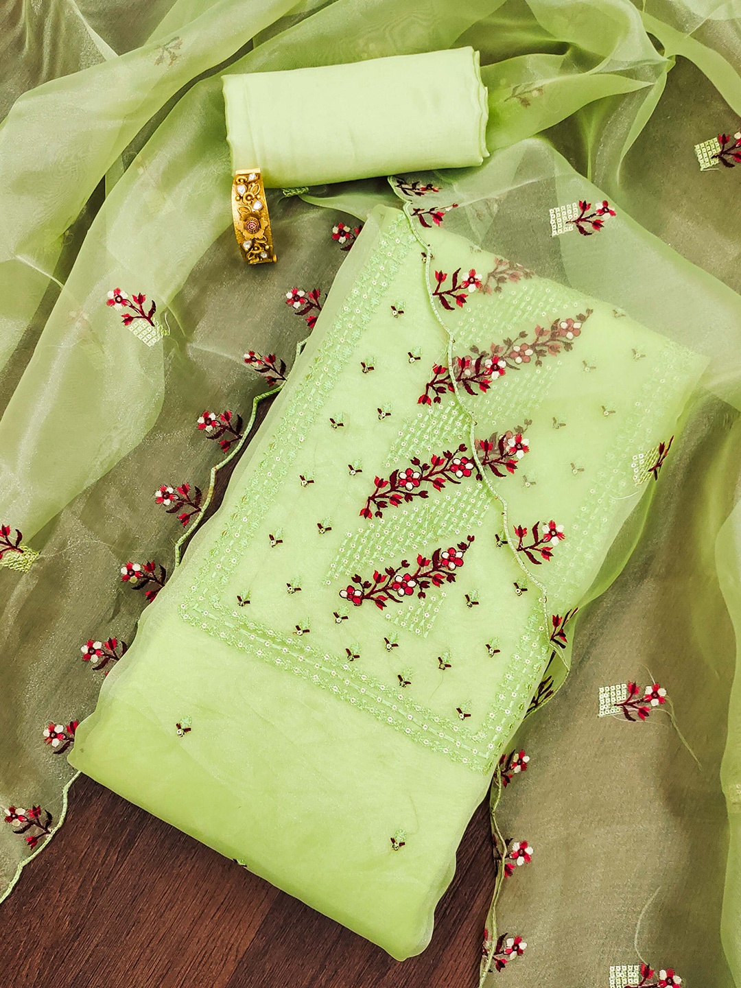 

MANVAA Floral Embroidered Unstitched Dress Material, Green