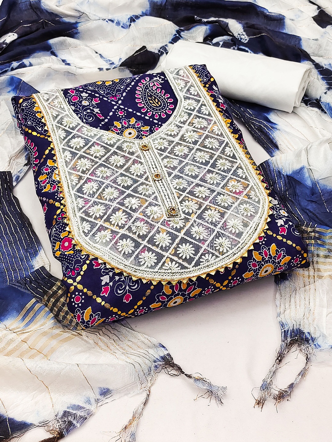 

MANVAA Ethnic Motifs Embroidered Unstitched Dress Material, Blue