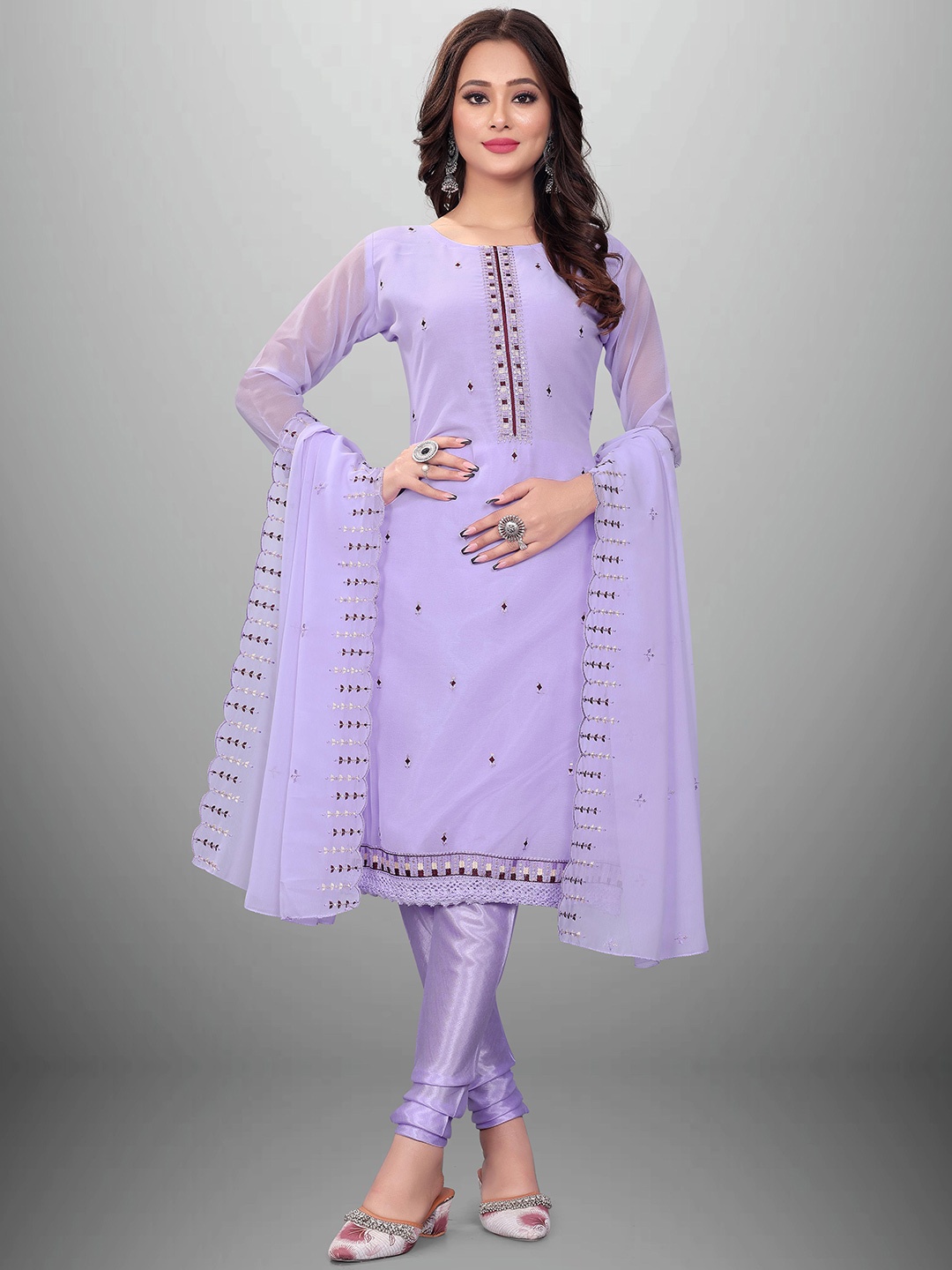 

MANVAA Floral Embroidered Sequinned Unstitched Dress Material, Purple