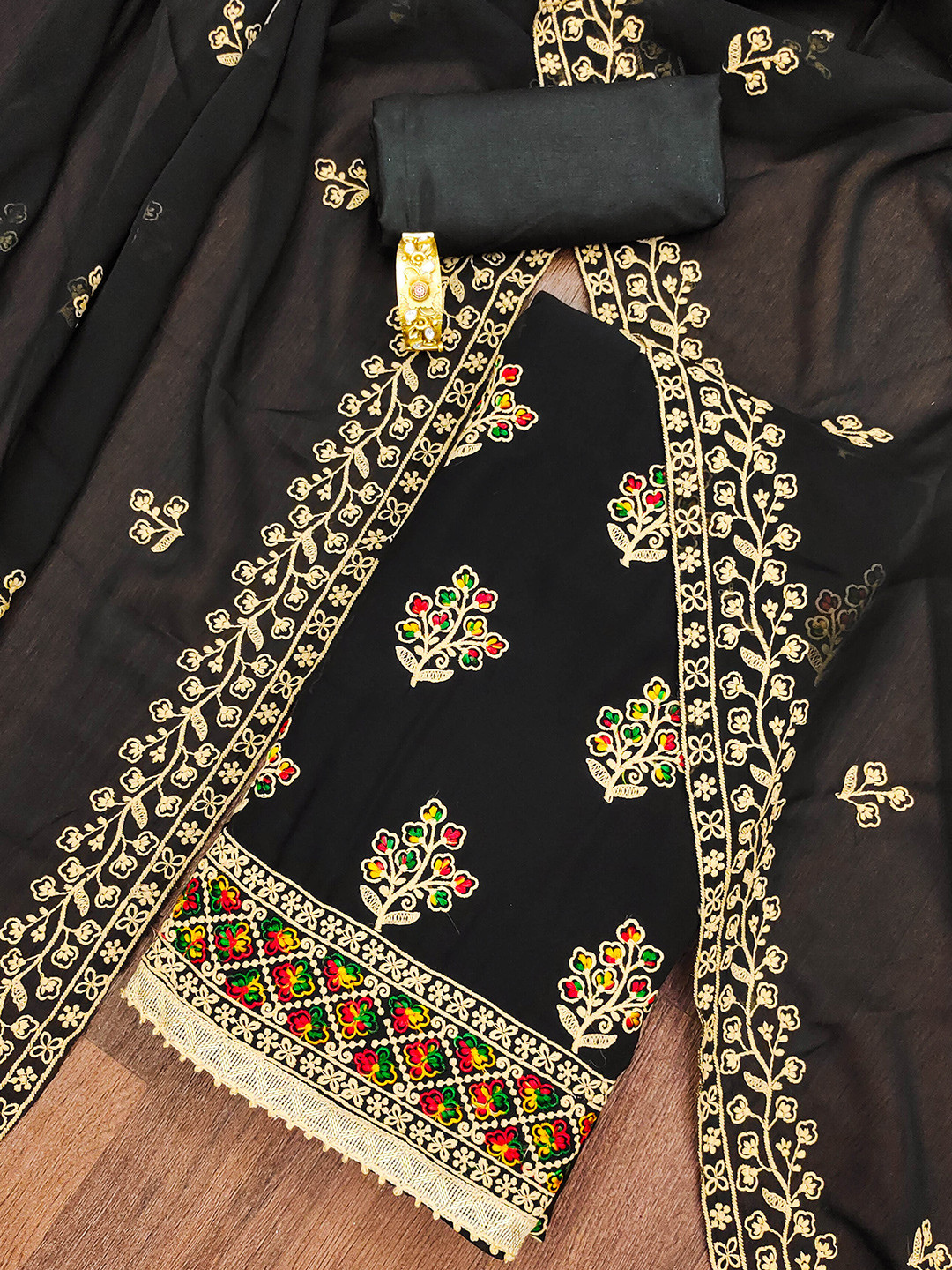 

MANVAA Floral Embroidered Zari Unstitched Dress Material, Black