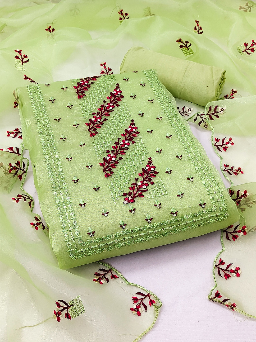 

MANVAA Embroidered Organza Unstitched Dress Material, Green