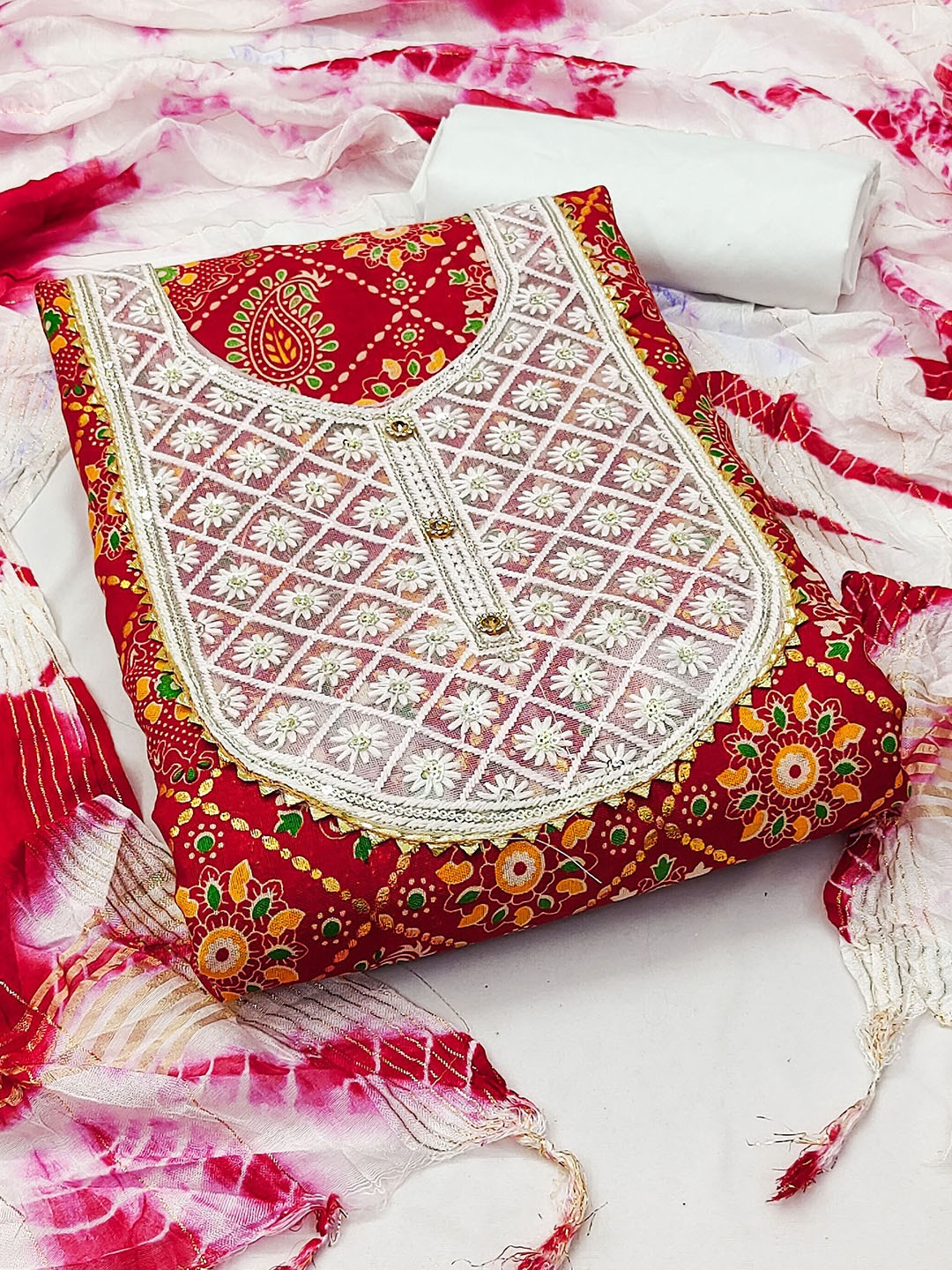 

MANVAA Embroidered Unstitched Dress Material, Red