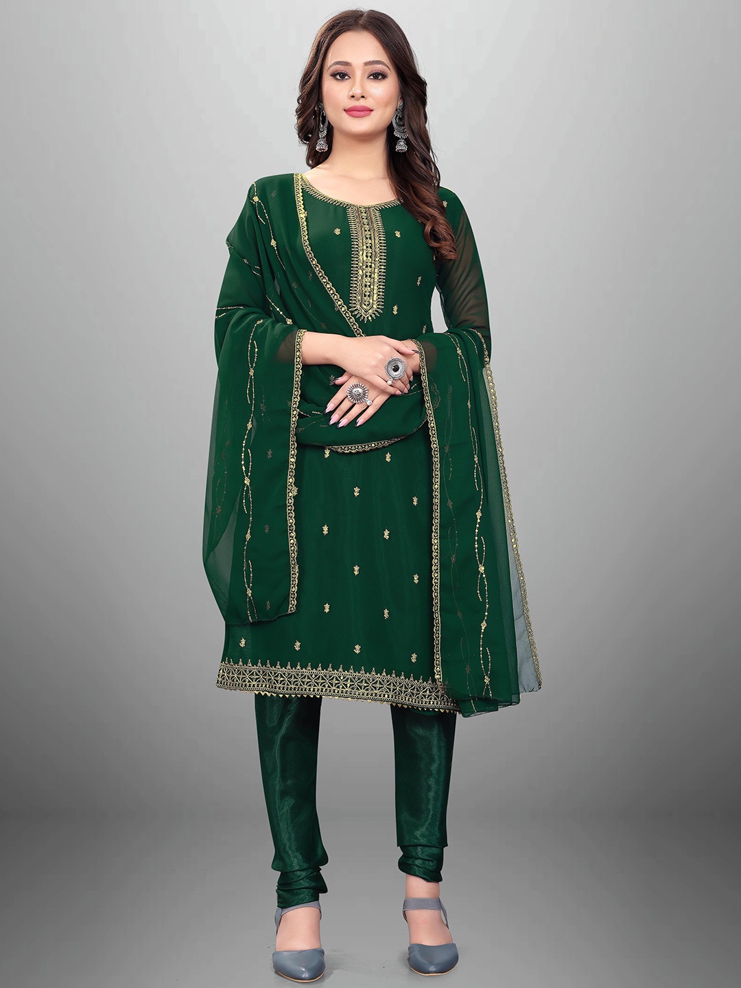 

MANVAA Embellished Unstitched Dress Material, Green