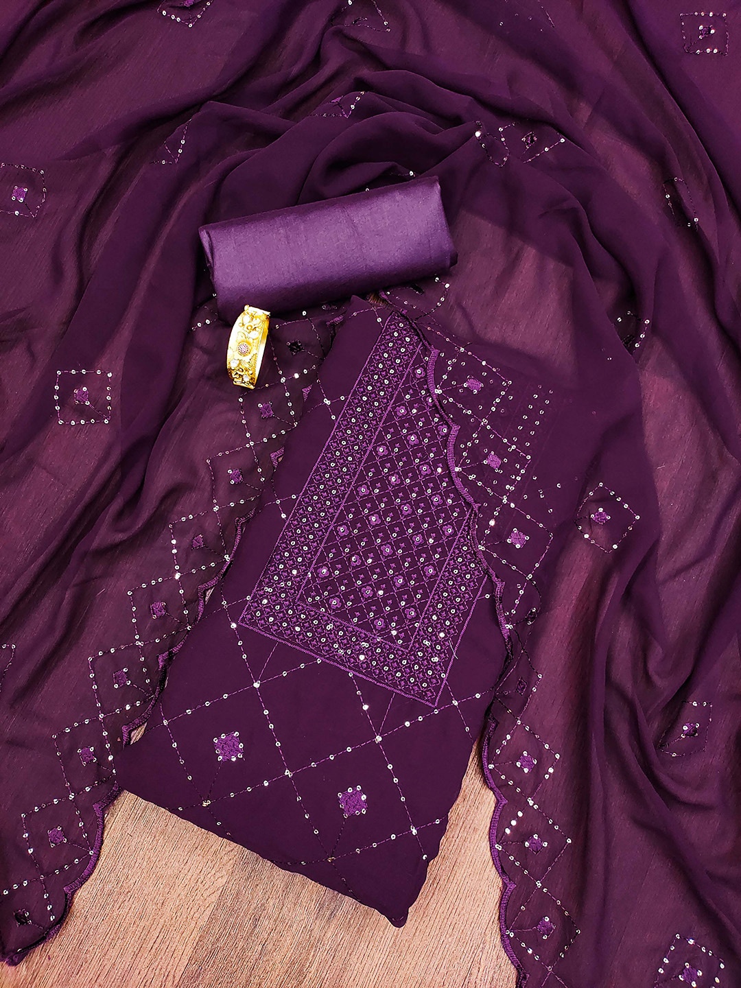 

MANVAA Geometric Embroidered Sequinned Unstitched Dress Material, Purple