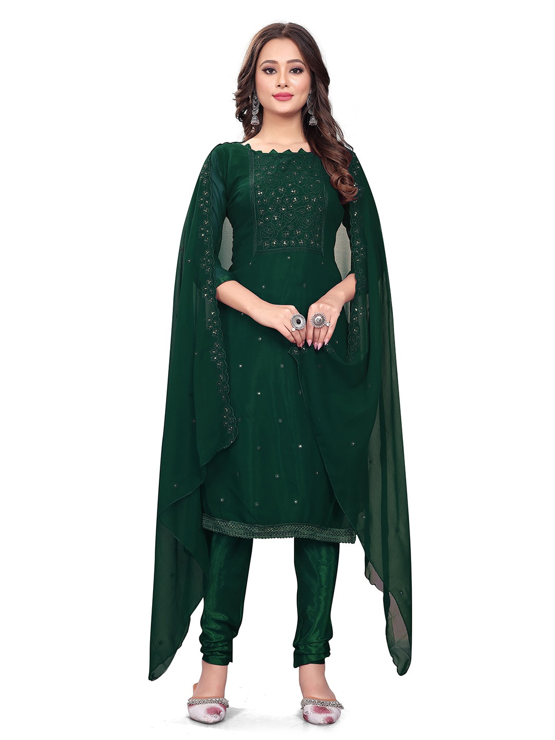 

MANVAA Sequined Embroidered Unstitched Georgette Dress Material, Green