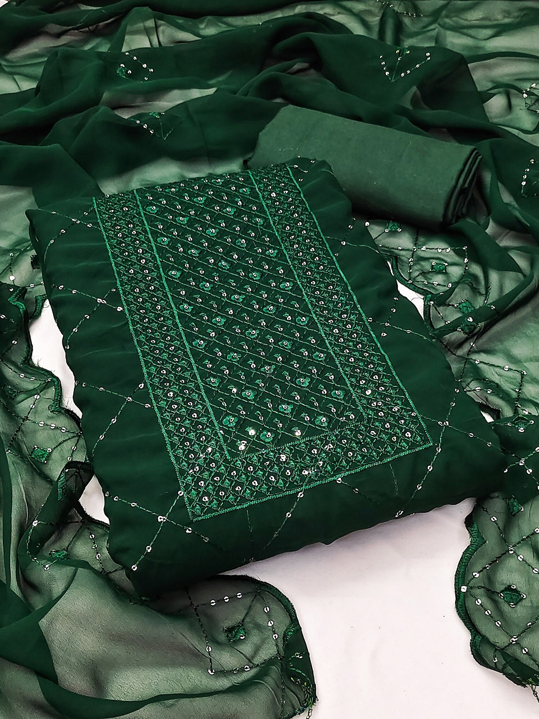 

MANVAA Geometric Sequined Embroidered Unstitched Dress Material, Green