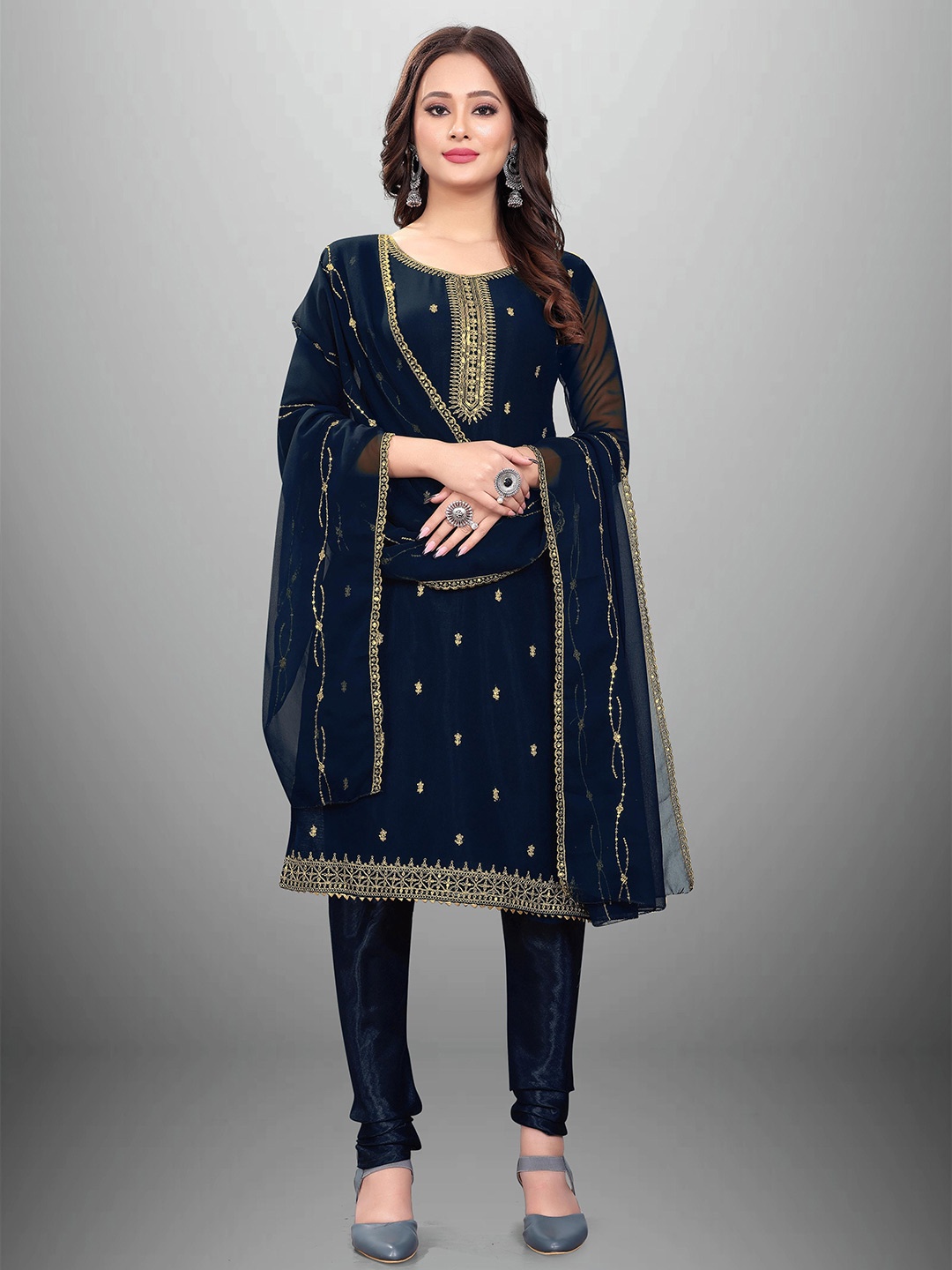 

MANVAA Embellished Unstitched Dress Material, Blue