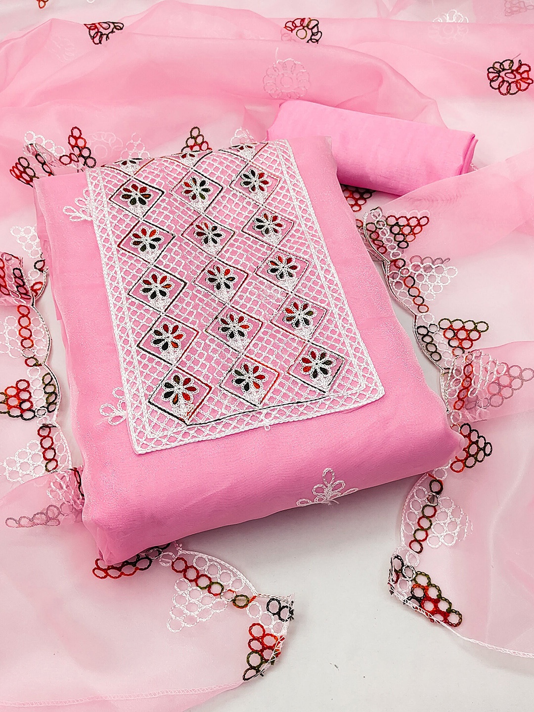 

MANVAA Embroidered Organza Unstitched Dress Material, Pink