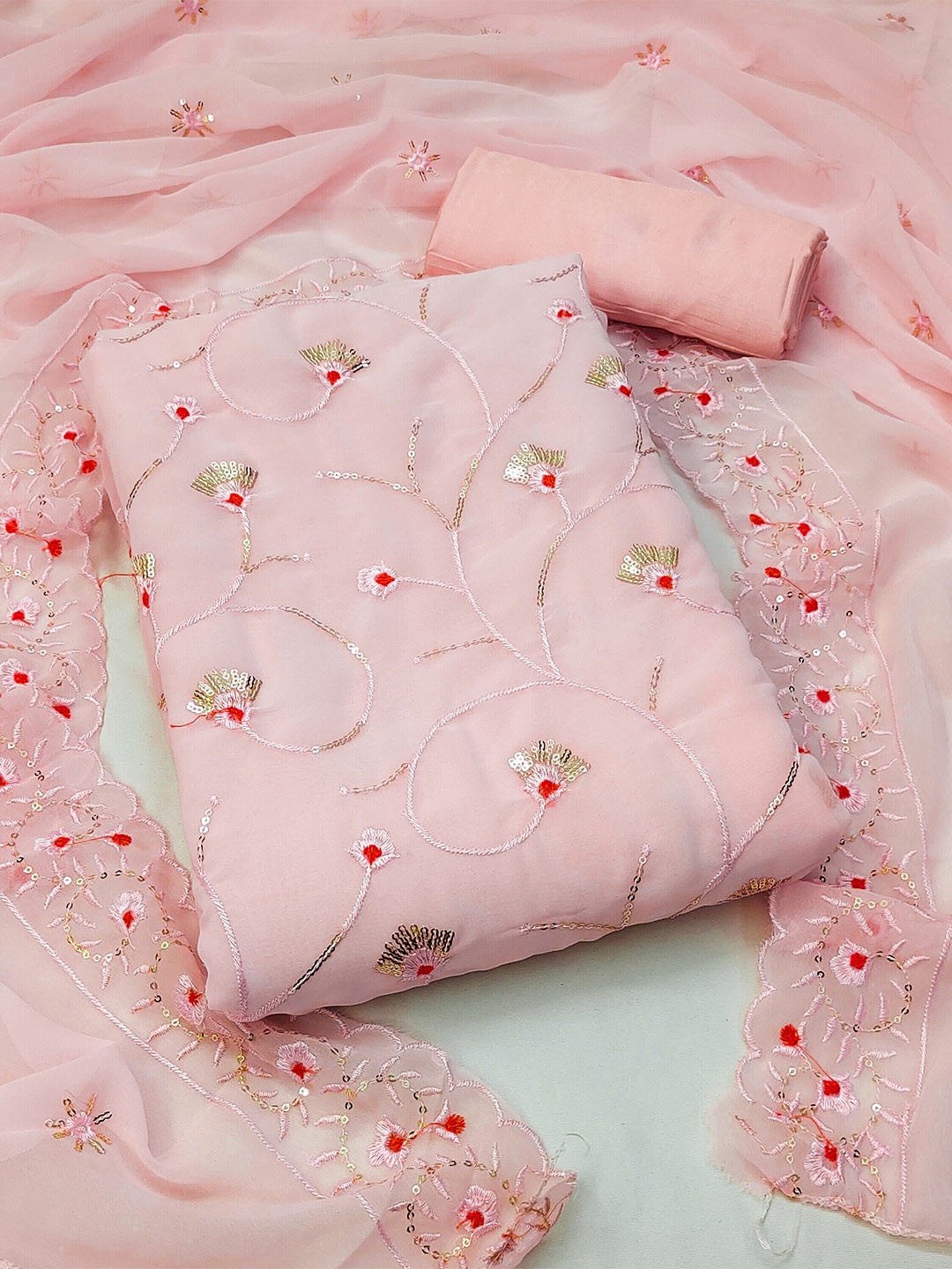 

MANVAA Floral Embroidered Unstitched Dress Material, Peach