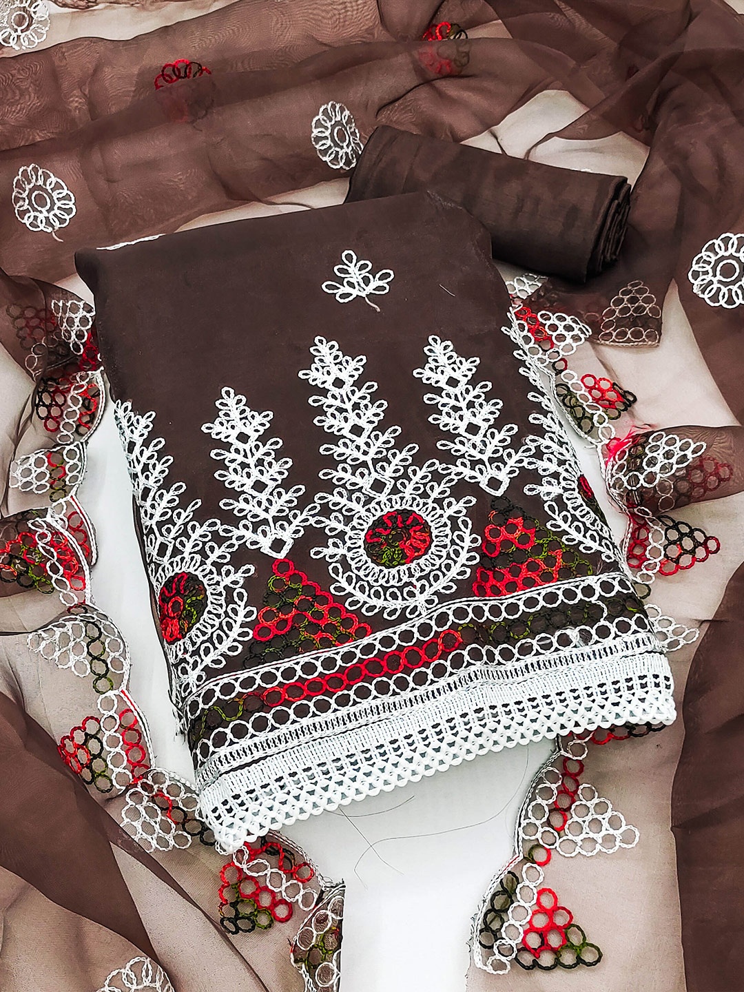 

MANVAA Embroidered Organza Unstitched Dress Material, Brown