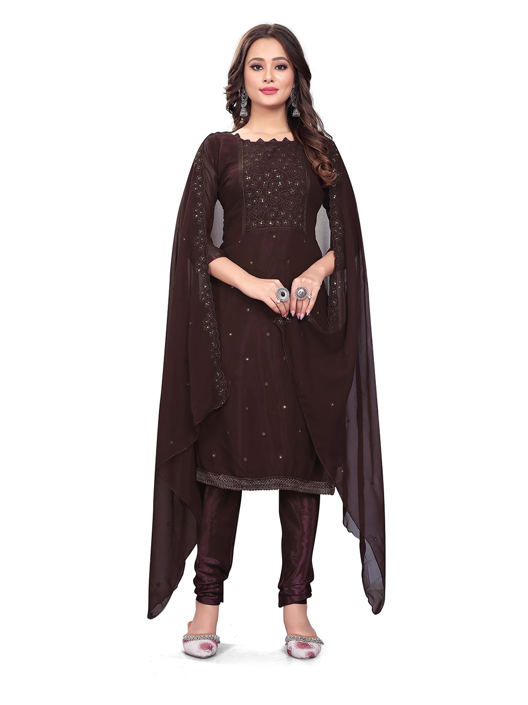 

MANVAA Embroidered Georgette Unstitched Dress Material, Brown